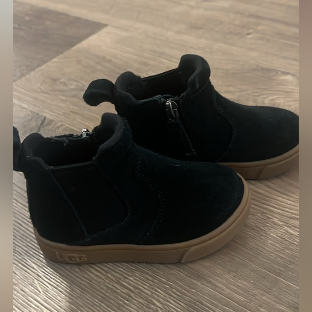 UGG Kids Black Suede Ankle Boots with Tan Sole